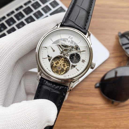 实物拍摄品牌：江诗丹顿 -Vacheron Constantin类型：[酷]男士腕表表壳：316精钢（做工优质）表带：进口真牛皮/316精钢（两种可选）机芯：高级定制全自动机械机芯（走时稳定）玻璃：高级强化镀膜镜面尺寸：直径41mm，厚度12.5mm