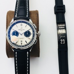 GF新品百年灵璞雅B01计时腕表Premier B01 Chronograph （吴彦祖同款）材质： 316L精钢直径： 42毫米厚度： 13.65毫米表镜： 锅盖弧面蓝宝石，双面防眩处理表底： 旋入式精钢，透明蓝宝石表冠： 非旋入式，双密封垫机芯：Asia-7750机芯GF出品，复刻首选！