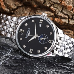 实物拍摄品牌：浪琴-LONGINES 类型：[酷]男士腕表表壳：316精钢（做工优质）表带：进口小牛皮/316精钢（两种可选）机芯：高级定制全自动机械机芯（走时稳定）玻璃：高级强化镀膜镜面尺寸：直径40mm，厚度12.5mm
