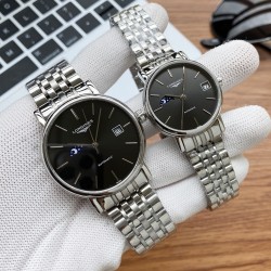 实物拍摄浪琴—LONGINES 最新情侣机械对表 原装进口日本西铁城8217全自动进口机械（请认准机芯图）精准走时  316L精钢表壳 蓝宝石镜面 传统三针设计 9字位真月相显示 有进口小牛皮和316精钢(两种表带可选)  尺寸：男40mm 女款33mm  厚12mm