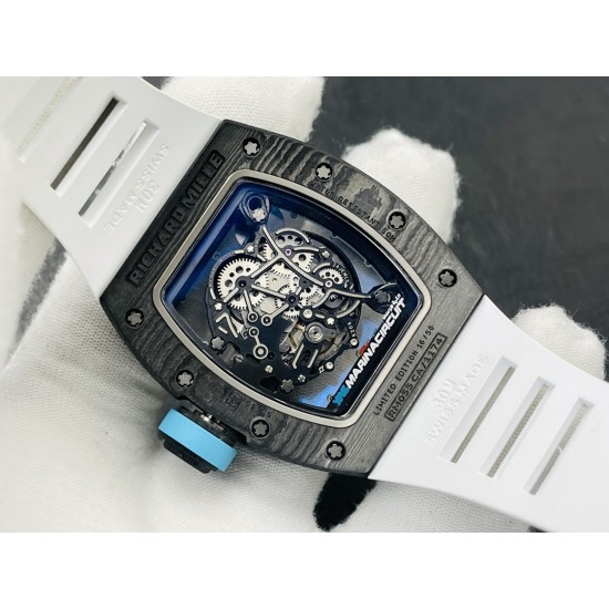 ZF2023高科技再造传奇RICHARD MILLE碳纤维限量款理查德米勒RM055“白色传奇”全球限量腕表美到极致的视觉冲击表壳呈酒桶形,采用三件式结构,上下表圈和表环分别以NTPT碳纤维和喷砂钛金属打造。“白色传奇”款配备白色内圈、指针和表冠衬垫;表盘法兰盘由黑色碳纤维制成,时标经同源荧光涂层。法兰盘经钻碳(DLC)处理。机芯与表盘融为一体,选择了5级钛作为这种“骨架”运动的基板和桥梁,提供高强度运动精度和可靠性。NTPT材质的成功开发使ZF开拓了复刻表从材料科技层面上的突破ZF出品 必属精品 ZF2023高科技再造传奇RICHARD MILLE碳纤维限量款理查德米勒RM055“白色传奇”全球限量腕表美到极致的视觉冲击表壳呈酒桶形,采用三件式结构,上下表圈和表环分别以NTPT碳纤维和喷砂钛金属打造。“白色传奇”款配备白色内圈、指针和表冠衬垫;表盘法兰盘由黑色碳纤维制成,时标经同源荧光涂层。法兰盘经钻碳(DLC)处理。机芯与表盘融为一体,选择了5级钛作为这种“骨架”运动的基板和桥梁,提供高强度运动精度和可靠性。NTPT材质的成功开发使ZF开拓了复刻表从材料科技层面上的突破ZF出品 必属精品