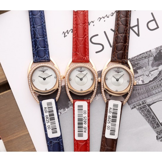 FK- LONGINES最新精致款[玫瑰]双C形镶钻精钢壳套[咖啡]优雅极致 装置进口精准机芯＋蓝宝石镜面，完美诠释－[害羞]浪琴精品与你同行 26x36mm