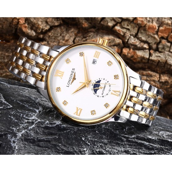 实物拍摄品牌：浪琴-LONGINES 类型：[酷]男士腕表表壳：316精钢（做工优质）表带：进口小牛皮/316精钢（两种可选）机芯：高级定制全自动机械机芯（走时稳定）玻璃：高级强化镀膜镜面尺寸：直径40mm，厚度12.5mm