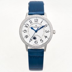 TW出品：积家约会系列自动机械图为女表 【尺寸】尺寸34mm 厚度10mm【机芯】搭载进口9015机改原装cal.898A自动上链机芯（不是加夹板）【表带】搭配进口意大利牛皮表带 【显示指针】顶级烧钢兰指针 具昼夜显示功能