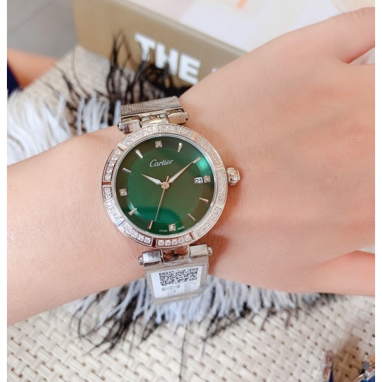 卡地亚-CARTIER腕表 个性2019新款女士手表潮流镶钻大表盘防水女表 ❤️简约三针3字位单日历设计,316精钢表壳,尺寸:35mm厚9mm 卡地亚-CARTIER腕表 个性2019新款女士手表潮流镶钻大表盘防水女表 ❤️简约三针3字位单日历设计,316精钢表壳,尺寸:35mm厚9mm