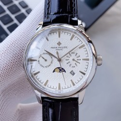 PP最新款式 百达翡丽Patek Philippe 搭配进口9100多功能机芯（零返修）功能（24小时,星期，星辰，月份）进口316精钢！搭配意大利进口小牛皮！原装折叠扣！尺寸42mm。耐磨防刮蓝宝石玻璃！超强防水50米！简约而不简单！百达翡丽，你值得拥有！