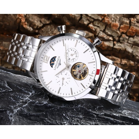实物拍摄品牌：浪琴-LONGINES 百分百防水类型：[酷]男士腕表表壳：316精钢（做工优质）表带：进口小牛带/316精钢（两种可选）机芯：高级定制全自动机械机芯（走时稳定）玻璃：高级强化镀膜镜面尺寸：直径43mm，厚度13mm