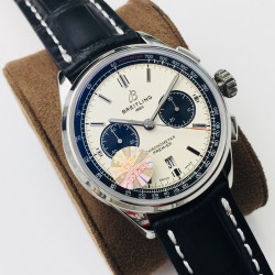 GF新品百年灵璞雅B01计时腕表Premier B01 Chronograph （吴彦祖同款）材质： 316L精钢直径： 42毫米厚度： 13.65毫米表镜： 锅盖弧面蓝宝石，双面防眩处理表底： 旋入式精钢，透明蓝宝石表冠： 非旋入式，双密封垫机芯：Asia-7750机芯GF出品，复刻首选！