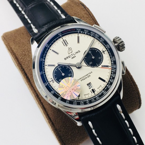 GF新品百年灵璞雅B01计时腕表Premier B01 Chronograph (吴彦祖同款)材质: 316L精钢直径: 42毫米厚度: 13.65毫米表镜: 锅盖弧面蓝宝石,双面防眩处理表底: 旋入式精钢,透明蓝宝石表冠: 非旋入式,双密封垫机芯:Asia-7750机芯GF出品,复刻首选! GF新品百年灵璞雅B01计时腕表Premier B01 Chronograph (吴彦祖同款)材质: 316L精钢直径: 42毫米厚度: 13.65毫米表镜: 锅盖弧面蓝宝石,双面防眩处理表底: 旋入式精钢,透明蓝宝石表冠: 非旋入式,双密封垫机芯:Asia-7750机芯GF出品,复刻首选!