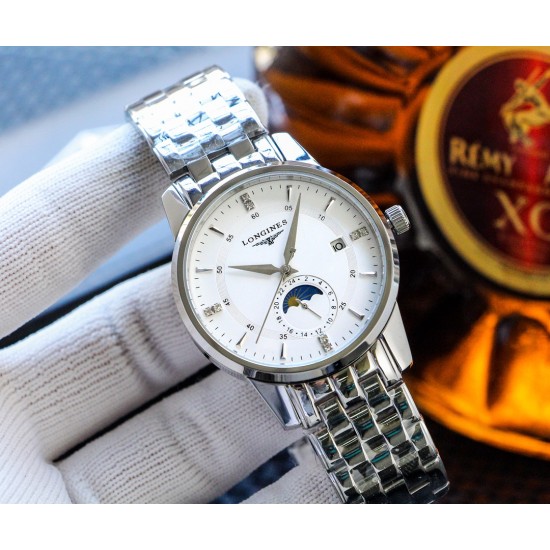 实物拍摄品牌：浪琴-LONGINES  类型：[酷]男士腕表表壳：316精钢（做工优质）表带：进口小牛皮/316精钢（两种可选）机芯：高级定制全自动机械机芯（走时稳定）玻璃：高级强化镀膜镜面尺寸：直径40mm，厚度12mm