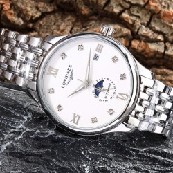 实物拍摄品牌：浪琴-LONGINES 类型：[酷]男士腕表表壳：316精钢（做工优质）表带：进口小牛皮/316精钢（两种可选）机芯：高级定制全自动机械机芯（走时稳定）玻璃：高级强化镀膜镜面尺寸：直径40mm，厚度12.5mm