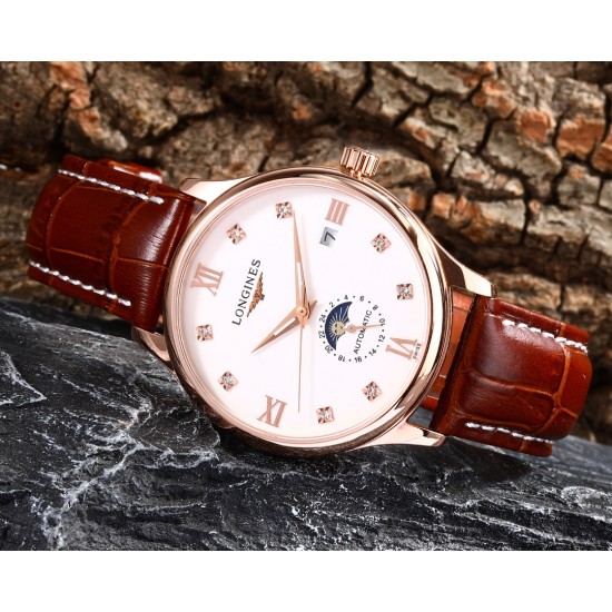实物拍摄品牌：浪琴-LONGINES 类型：[酷]男士腕表表壳：316精钢（做工优质）表带：进口小牛皮/316精钢（两种可选）机芯：高级定制全自动机械机芯（走时稳定）玻璃：高级强化镀膜镜面尺寸：直径40mm，厚度12.5mm