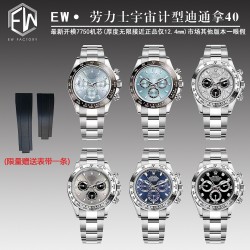 EW2022新款劳力士宇宙计型迪通拿40系列1⃣️一体成型Cerachrom陶质字圈连铸模测速计；2⃣️几乎与原装一致厚度12.4mm：表径40mm；3⃣️打磨字钉；顶级瑞士冰蓝色夜光，与劳力士原厂夜光一致；4⃣️超级904钢材质；蓝宝石玻璃；5⃣️顶级做工，每条表带与表耳完美契合，给予手腕最高的舒适度；每个极致的细节都是EW工厂匠心开发的诚意！！