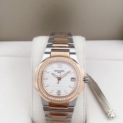品牌：百达翡丽   鹦鹉系列机芯，瑞士石英女款．直径：32．5mm镜面：顶级蓝宝石镜面  材质：手工镶钻 字面超强夜光。精致表壳，搭配316L精钢带原庄专用扣。值得拥有。