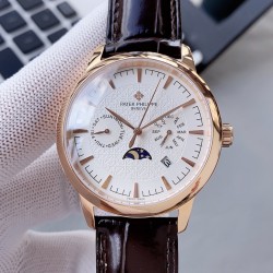 PP最新款式 百达翡丽Patek Philippe 搭配进口9100多功能机芯（零返修）功能（24小时,星期，星辰，月份）进口316精钢！搭配意大利进口小牛皮！原装折叠扣！尺寸42mm。耐磨防刮蓝宝石玻璃！超强防水50米！简约而不简单！百达翡丽，你值得拥有！