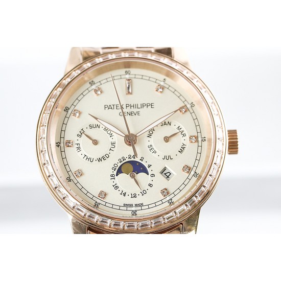 年末巨献“pp时尚新款 PATEK PHILIPPE【新年巨献 最高版本】百达翡丽超级复杂多功能系列(5721P-002)ZF厂高品质钢带款变运动系列原装9100升级版机芯。所有功能同正品(3字位月份显示 6字位24小时显示 9字位24小时和日月星辰显示),和原装一样的带水平压纹工艺,带荧光刻度 ,41mm直径。316L精钢镀金,原装进口蓝宝石水晶镜面。5721和5721P款的外钻为施华洛世奇钻,通透闪亮,气质非凡。在目前技术范畴内尽可能接近原装,此款腕表让您驾驭所有场合。 年末巨献“pp时尚新款 PATEK PHILIPPE【新年巨献 最高版本】百达翡丽超级复杂多功能系列(5721P-002)ZF厂高品质钢带款变运动系列原装9100升级版机芯。所有功能同正品(3字位月份显示 6字位24小时显示 9字位24小时和日月星辰显示),和原装一样的带水平压纹工艺,带荧光刻度 ,41mm直径。316L精钢镀金,原装进口蓝宝石水晶镜面。5721和5721P款的外钻为施华洛世奇钻,通透闪亮,气质非凡。在目前技术范畴内尽可能接近原装,此款腕表让您驾驭所有场合。