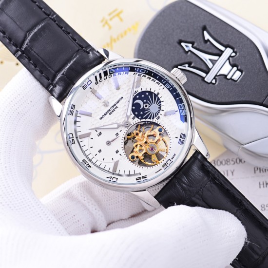 品牌：江诗丹顿 -Vacheron Constantin  类型：[酷]男士夜光腕表表壳：316精钢（做工优质）表带：进口真牛皮/316精钢（两种可选）机芯：高级定制全自动星辰月相驼飞轮机械机芯（走时稳定）玻璃：高级强化镀膜镜面尺寸：直径41mm，厚度13mm。