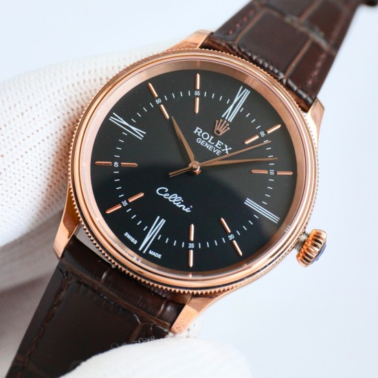 包金 劳力士 ROLEX 切利尼系列:RW1 时间型50505[尺寸]:39*11mm一体自动机 而稳定，大三针、一档无日历切利尼标志性圆拱形三角坑纹外圈[指针]:瑞士顶级批花工艺  【镜面】防刮蓝宝石水晶镜面air双层无色镀膜[表带】意大利小牛皮表带，质地柔软，佩戴舒适【表扣]原装开模针扣方便使用 S1精致推荐男士机械腕表
