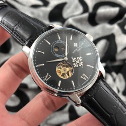实物拍摄品牌：百达翡丽-PATEK PHILPPE 类型：[酷]男士腕表表壳：316精钢（做工优质）表带：进口小牛皮/316精钢(两种可选)机芯：高级定制全自动机械机芯(走时稳定)材料：高级强化镀膜镜面尺寸：直径40mm 厚度12.5mm