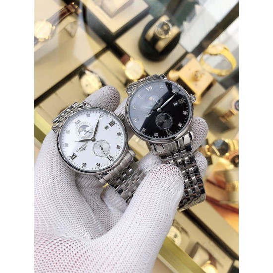 品牌:浪琴-LONGINES 表带:进口小牛皮/316精钢机芯:全自动机械机芯玻璃:高级强化镀膜镜面尺寸:直径40mm,厚度12mm 品牌:浪琴-LONGINES 表带:进口小牛皮/316精钢机芯:全自动机械机芯玻璃:高级强化镀膜镜面尺寸:直径40mm,厚度12mm