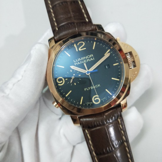 [太阳][太阳]沛纳海精品男士机械表FLYBACK，热卖款型号PAM00525，LUMINOR 1950系列，直径44mm,厚度15mm,316L精钢玫瑰金壳，高硬度矿物质玻璃，真皮咖啡皮带，装配海鸥全自动机芯。卓越品质，引领潮流！欢迎转载！[愉快][愉快]