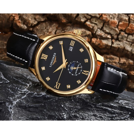 实物拍摄品牌：浪琴-LONGINES 类型：[酷]男士腕表表壳：316精钢（做工优质）表带：进口小牛皮/316精钢（两种可选）机芯：高级定制全自动机械机芯（走时稳定）玻璃：高级强化镀膜镜面尺寸：直径40mm，厚度12.5mm