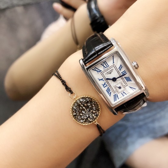 浪琴 黛绰维纳系列 方形 石英女表 精钢材质 牛皮表带 23mm*33mm