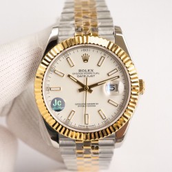 ROLEX 劳力士 蚝式恒动日志型41mm系列腕表，直径41mm，经典的蚝式表壳搭配三角坑纹外圈，把头采用旋入式设计，抗刮损蓝水晶玻璃，防反光凸透式放大（2.5倍）日历窗，隐蔽式摺叠皇冠带扣，矜持有度秀而不媚 恒久优雅！