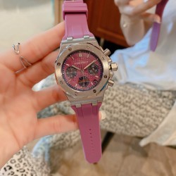 网红爆款爱彼皇家橡树香芋紫来货316精钢表壳镶钻八角钻石壳边设计 进口日本多动能石英机芯 稳定带计时功能 蓝宝石水晶镜面刮不花玻璃 采用食品级别安全橡胶表带亲肤无毒性 百搭尺寸37mm任何女士手型都可以佩戴，MF厂高版本值得拥有
