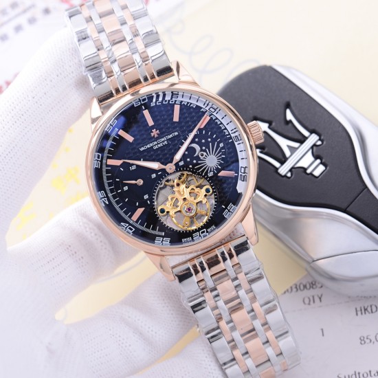 品牌：江诗丹顿 -Vacheron Constantin  类型：[酷]男士夜光腕表表壳：316精钢（做工优质）表带：进口真牛皮/316精钢（两种可选）机芯：高级定制全自动星辰月相驼飞轮机械机芯（走时稳定）玻璃：高级强化镀膜镜面尺寸：直径41mm，厚度13mm。