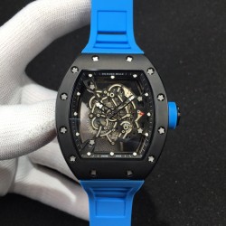 理查德米勒【Richard Mille】最新特别版，颜色调到非常完美  专业打造 顶级版本RM055 一直爆炸款式的表现，无表盘设计，镂空机芯可以从正面和底面均能一览无余，让你爱不释手！卓越品质。造型霸气不羁，独一无二般的感觉，具有震撼人心的魅力。