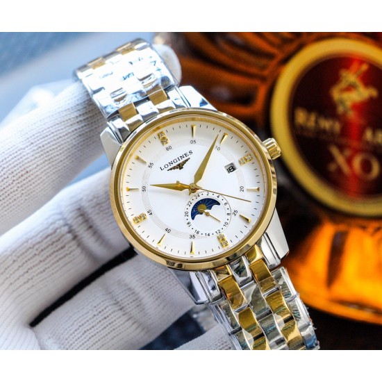 实物拍摄品牌：浪琴-LONGINES  类型：[酷]男士腕表表壳：316精钢（做工优质）表带：进口小牛皮/316精钢（两种可选）机芯：高级定制全自动机械机芯（走时稳定）玻璃：高级强化镀膜镜面尺寸：直径40mm，厚度12mm