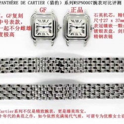 卡地亚猎豹Panthre de Cartier。华丽而不羁，是Panthre de Cartier猎豹所传达的美学风格。它线条流畅，魅惑动人，柔软服帖于腕间，宛若在肌肤上翩翩起舞。独特的造型彰显成熟优雅、自信动人的女性形象。GF工厂以精湛技艺，原装开模，打造出与正品无异的精美流线表耳，与表壳一体成型。搭载瑞士朗达石英机芯，316L精钢壳套，尺寸：27 x 37毫米，厚度：6毫米，表冠镶嵌一颗合成蓝色尖晶石，镀银表盘，剑形蓝钢指针，100%三度防水。搭配专柜旅行包装物料。商品规格:默认规格