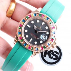 顶级做工KS出品：升级版劳力士金游艇Rolex yacht Master 116695SATS “糖豆”震撼来袭[色] 再度升级，糖豆彩钻版，集合上一代版本的优良做工，业内最顶尖的宝石工艺，同时全面升级基础不锈钢材质，使用真正的日本含镍不锈钢材料作为基础材料，模仿正品的永恒玫瑰金金钢技术，镀层更加持久耐用，耐腐蚀。装载2836、3135机芯，尺寸40mm。蓝光放大镜，超强夜光！现下单额外赠送胶带一副！