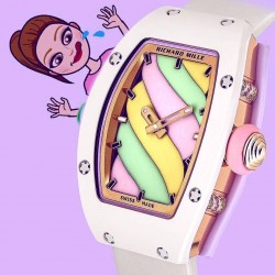 实拍 新品理查德米勒 棉花糖bon bon系列最稀有的作品！克服传统工艺打破模式！钟表最受尊敬的技术之一。不是所有人的嫁妆，棉花糖运动曲线和颜色，它们是诱人的。有了理查德米勒，实现了把棉花糖戴在你的手腕上！白色陶瓷加上黄粉绿搪瓷表盘，RM-07柔和的颜色创造了一个组合...甜蜜！糖果店的一次旅行，一个让人难以置信的艺术品。你会戴上它吗？