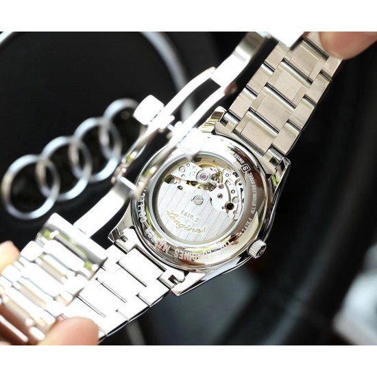 品牌： 浪琴-LONGINES  100米防水 类型：[酷]男士腕表表壳：316精钢（做工优质)表带：进口小牛皮/316精钢(两种可选)机芯：日本进口8215全自动机械机芯（走时稳定）玻璃：高级双卜蓝宝石镜面(防划花)尺寸：直径40mm，厚度12mm