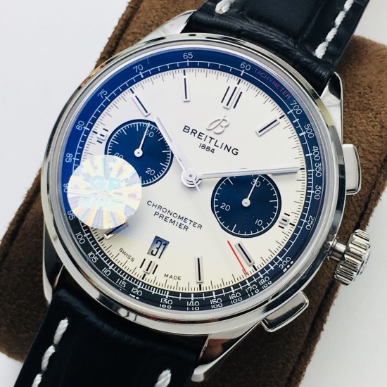 GF新品百年灵璞雅B01计时腕表Premier B01 Chronograph (吴彦祖同款)材质: 316L精钢直径: 42毫米厚度: 13.65毫米表镜: 锅盖弧面蓝宝石,双面防眩处理表底: 旋入式精钢,透明蓝宝石表冠: 非旋入式,双密封垫机芯:Asia-7750机芯GF出品,复刻首选! GF新品百年灵璞雅B01计时腕表Premier B01 Chronograph (吴彦祖同款)材质: 316L精钢直径: 42毫米厚度: 13.65毫米表镜: 锅盖弧面蓝宝石,双面防眩处理表底: 旋入式精钢,透明蓝宝石表冠: 非旋入式,双密封垫机芯:Asia-7750机芯GF出品,复刻首选!
