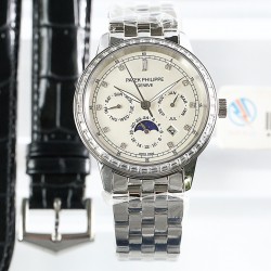 年末巨献“pp时尚新款 PATEK PHILIPPE【新年巨献 最高版本】百达翡丽超级复杂多功能系列（5721P-002）ZF厂高品质钢带款变运动系列原装9100升级版机芯。所有功能同正品（3字位月份显示 6字位24小时显示 9字位24小时和日月星辰显示），和原装一样的带水平压纹工艺，带荧光刻度 ，41mm直径。316L精钢镀金，原装进口蓝宝石水晶镜面。5721和5721P款的外钻为施华洛世奇钻，通透闪亮，气质非凡。在目前技术范畴内尽可能接近原装，此款腕表让您驾驭所有场合。