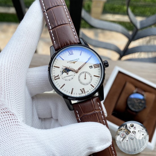 浪琴 Longines 精品男士腕表,四针分离搭载月相设计,技艺精湛,独具匠心,尊贵大气,绅士风范。采用全自动机械机芯,顶级316精钢表壳,进口小牛皮表带,矿物质超强镜面,尺寸42-13 浪琴 Longines 精品男士腕表,四针分离搭载月相设计,技艺精湛,独具匠心,尊贵大气,绅士风范。采用全自动机械机芯,顶级316精钢表壳,进口小牛皮表带,矿物质超强镜面,尺寸42-13
