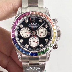 ROLEX 劳力士 彩虹拿一表难求！镶嵌根据原厂颜色渐变过渡最协调的36颗宝石进行优化处理，高度、角度一致，折射效果非常漂亮。蓝宝石透彻效果镜面，抛光打磨精湛细腻！