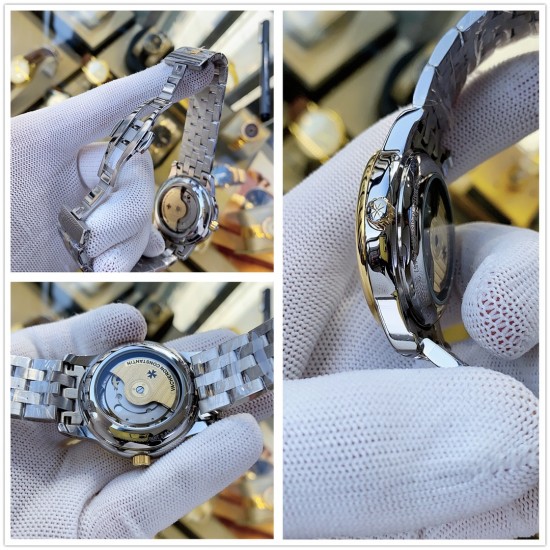 实物拍摄品牌：江诗丹顿 -Vacheron Constantin 最新推出类型：[酷]男士腕表表壳：316精钢（做工优质）表带：进口真牛皮/316精钢（两种可选）机芯：高级定制全自动机械机芯（走时稳定）玻璃：高级强化镀膜镜面尺寸：直径40mm，厚度12.5mm