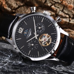 实物拍摄品牌：浪琴-LONGINES 百分百防水类型：[酷]男士腕表表壳：316精钢（做工优质）表带：进口小牛带/316精钢（两种可选）机芯：高级定制全自动机械机芯（走时稳定）玻璃：高级强化镀膜镜面尺寸：直径43mm，厚度13mm