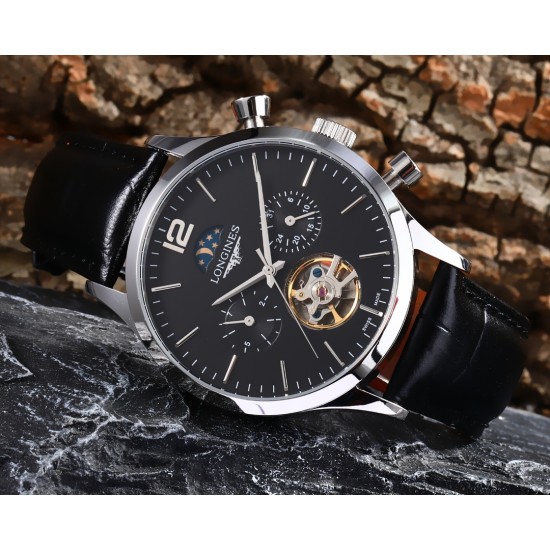 实物拍摄品牌：浪琴-LONGINES 百分百防水类型：[酷]男士腕表表壳：316精钢（做工优质）表带：进口小牛带/316精钢（两种可选）机芯：高级定制全自动机械机芯（走时稳定）玻璃：高级强化镀膜镜面尺寸：直径43mm，厚度13mm