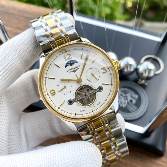 实物拍摄品牌：浪琴-LONGINES 类型：[酷]男士腕表表壳：316精钢（做工优质）表带：进口小牛皮/316精钢（两种可选）机芯：高级定制全自动机械机芯（走时稳定）玻璃：高级强化镀膜镜面尺寸：直径40mm，厚度12mm