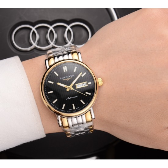 浪琴(LONGINES)✨✨✨火爆新品 搭载瑞士全自动机械机芯  316精钢表壳 大气三针双历设计 简约时尚 优雅尊贵 进口镀膜超强镜面 真牛皮表带 商务休闲 精致型男首选 [玫瑰][玫瑰][玫瑰] 直径42mm 厚11mm
