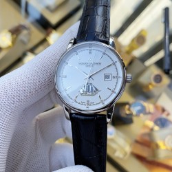 实物拍摄品牌：江诗丹顿 -Vacheron Constantin 最新推出类型：[酷]男士腕表表壳：316精钢（做工优质）表带：进口真牛皮/316精钢（两种可选）机芯：高级定制全自动机械机芯（走时稳定）玻璃：高级强化镀膜镜面尺寸：直径40mm，厚度12.5mm