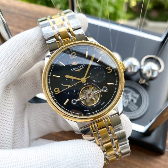 实物拍摄品牌：浪琴-LONGINES 类型：[酷]男士腕表表壳：316精钢（做工优质）表带：进口小牛皮/316精钢（两种可选）机芯：高级定制全自动机械机芯（走时稳定）玻璃：高级强化镀膜镜面尺寸：直径40mm，厚度12mm