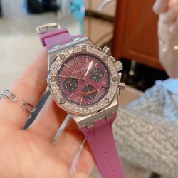 网红爆款爱彼皇家橡树香芋紫来货316精钢表壳镶钻八角钻石壳边设计 进口日本多动能石英机芯 稳定带计时功能 蓝宝石水晶镜面刮不花玻璃 采用食品级别安全橡胶表带亲肤无毒性 百搭尺寸37mm任何女士手型都可以佩戴，MF厂高版本值得拥有