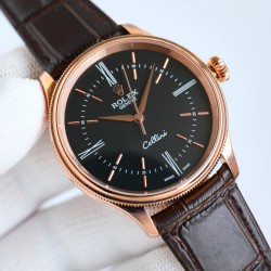 包金 劳力士 ROLEX 切利尼系列:RW1 时间型50505[尺寸]:39*11mm一体自动机 而稳定，大三针、一档无日历切利尼标志性圆拱形三角坑纹外圈[指针]:瑞士顶级批花工艺  【镜面】防刮蓝宝石水晶镜面air双层无色镀膜[表带】意大利小牛皮表带，质地柔软，佩戴舒适【表扣]原装开模针扣方便使用 S1精致推荐男士机械腕表