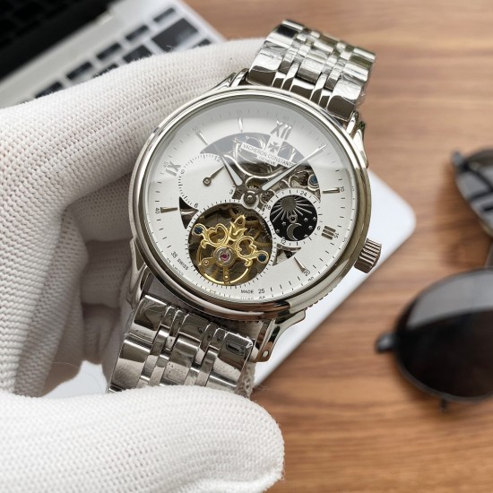 实物拍摄品牌：江诗丹顿 -Vacheron Constantin类型：[酷]男士腕表表壳：316精钢（做工优质）表带：进口真牛皮/316精钢（两种可选）机芯：高级定制全自动机械机芯（走时稳定）玻璃：高级强化镀膜镜面尺寸：直径41mm，厚度12.5mm